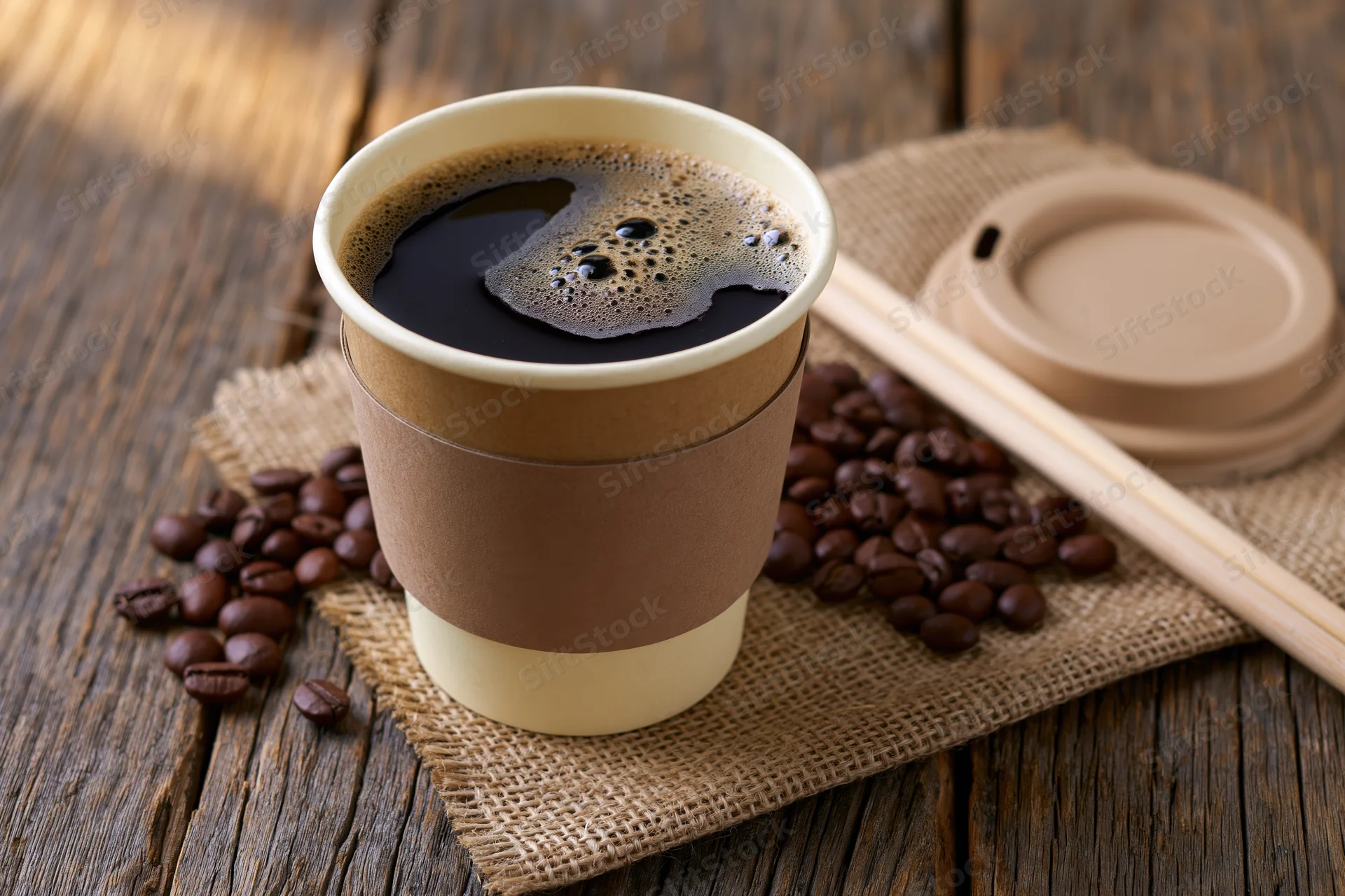 Takeaway paper coffee cup filled with black coffee and foam on a burlap mat with coffee beans on a wooden table