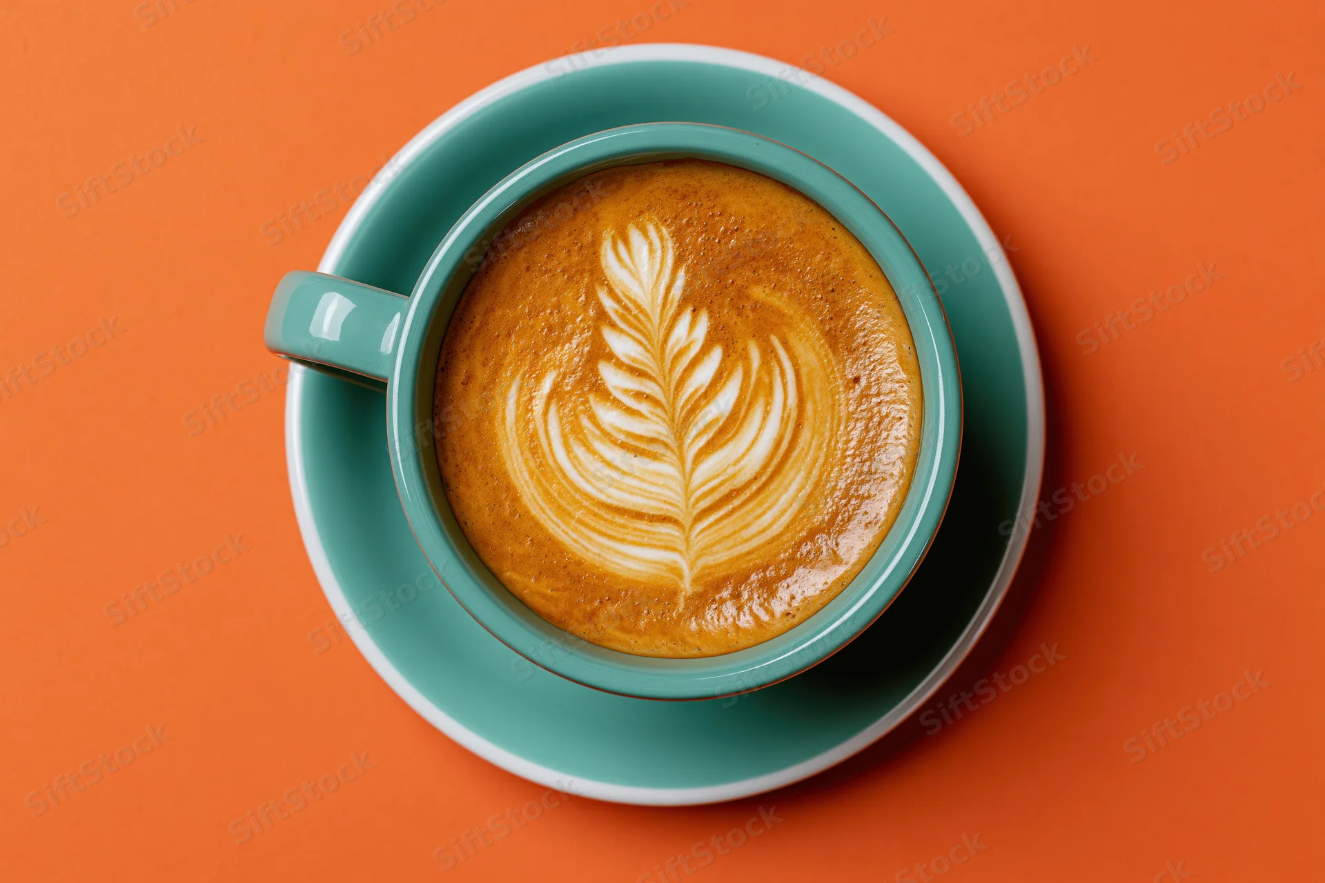 Teal ceramic cup with latte art leaf pattern on orange surface