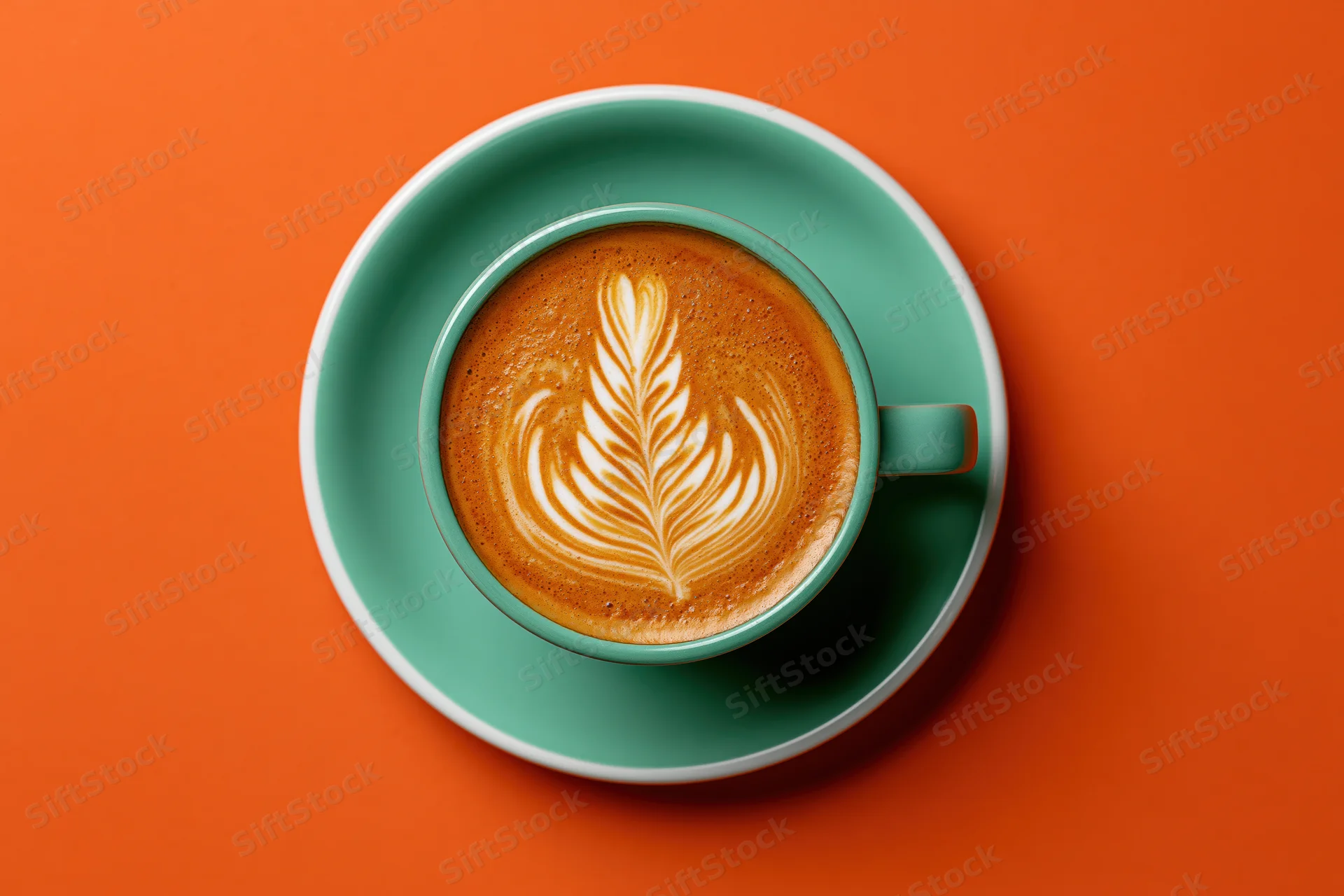 Latte with leaf rosetta foam art in teal ceramic cup and saucer on orange background