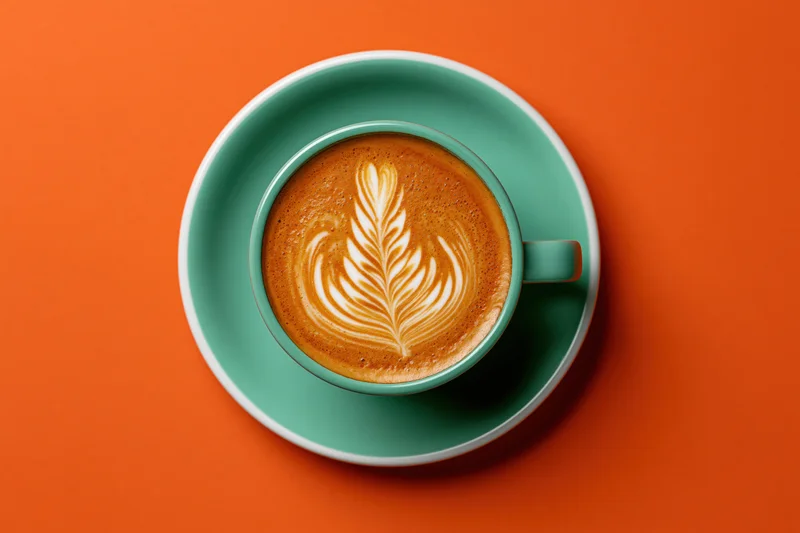 Latte with leaf rosetta foam art in teal ceramic cup and saucer on orange background