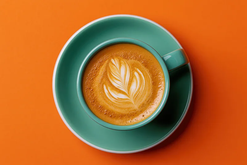 Teal ceramic cup with latte art leaf design on orange background