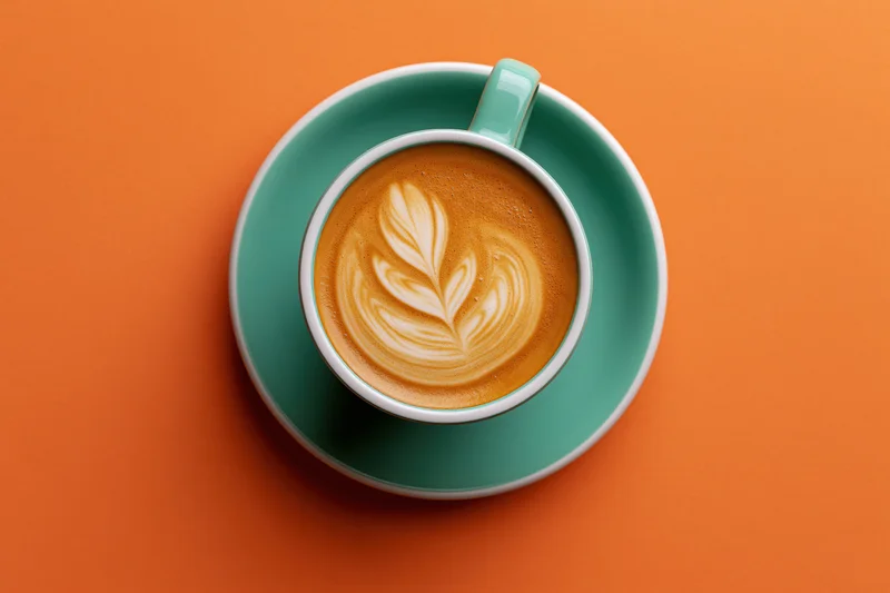 Teal ceramic cup with latte art leaf pattern on orange background