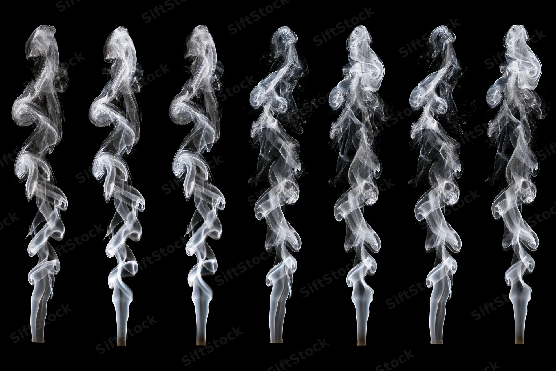 Seven white smoke plumes curling upward in a grid against black background
