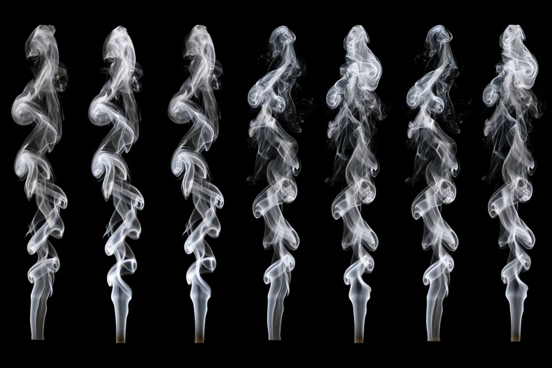 Seven white smoke plumes curling upward in a grid against black background
