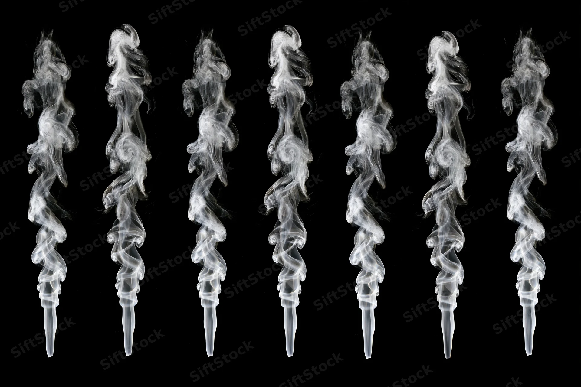 White smoke plumes curling upward in a grid against black background
