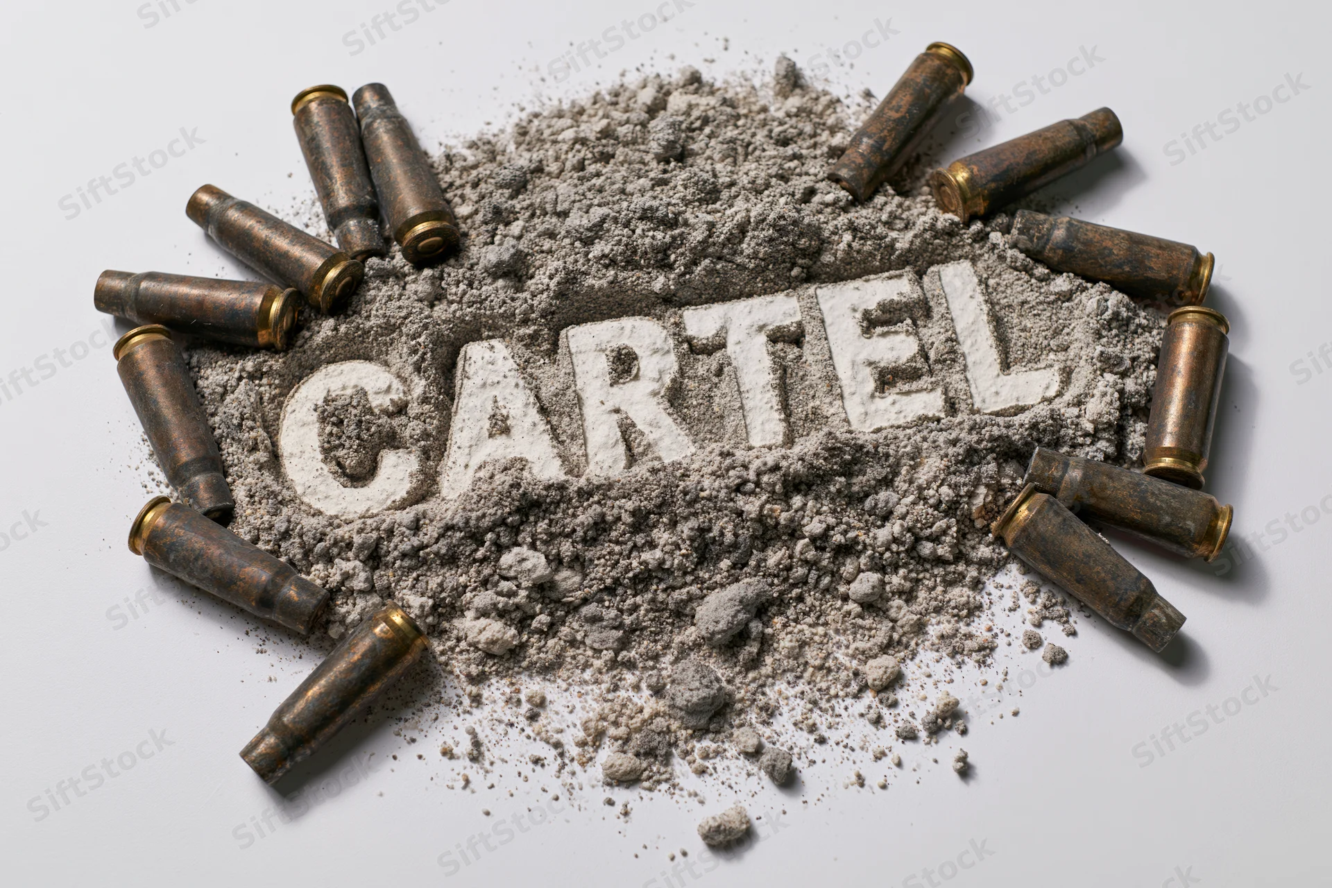 The word cartel spelled in powder surrounded by bullet casings on white surface
