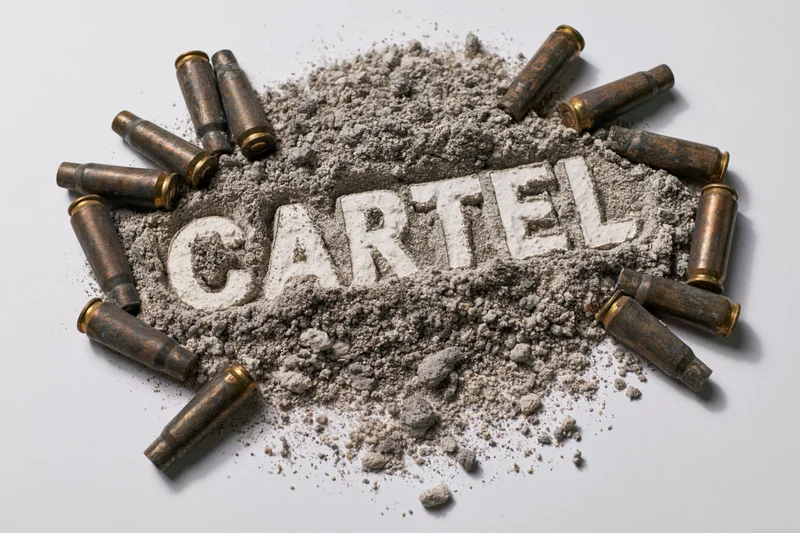 The word cartel spelled in powder surrounded by bullet casings on white surface