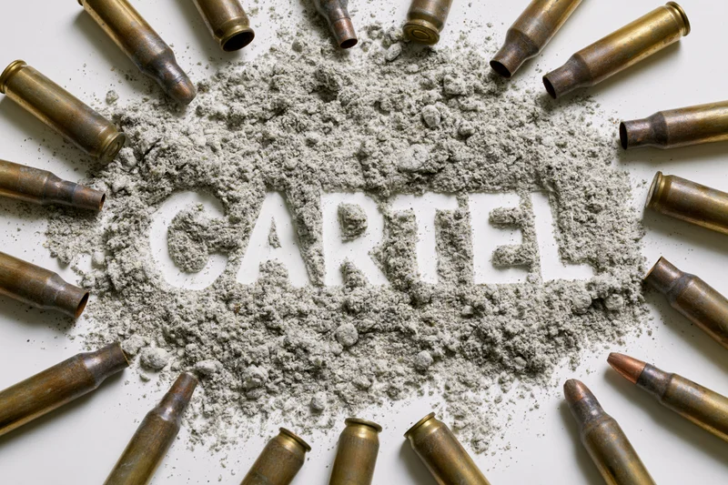 The word cartel spelled in powder surrounded by bullets on white surface
