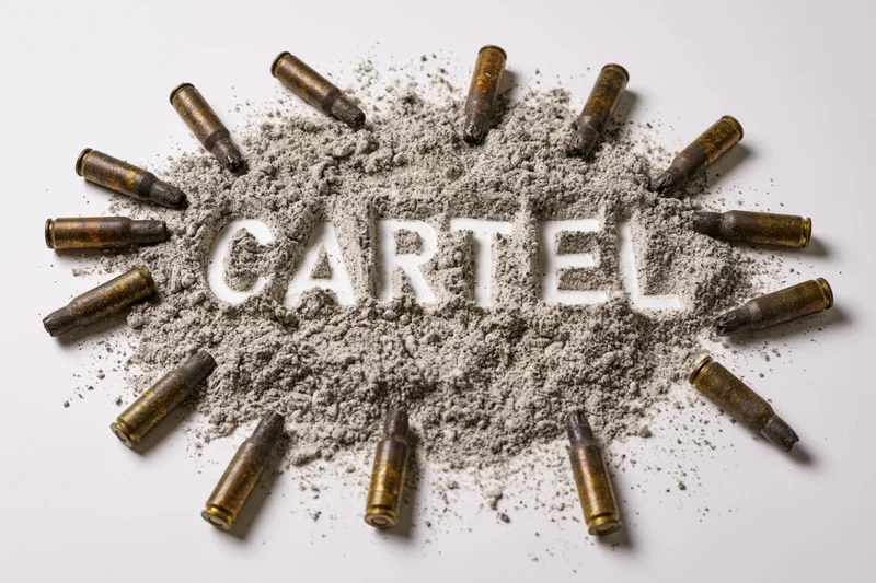 The word cartel spelled in powder surrounded by bullets on white background