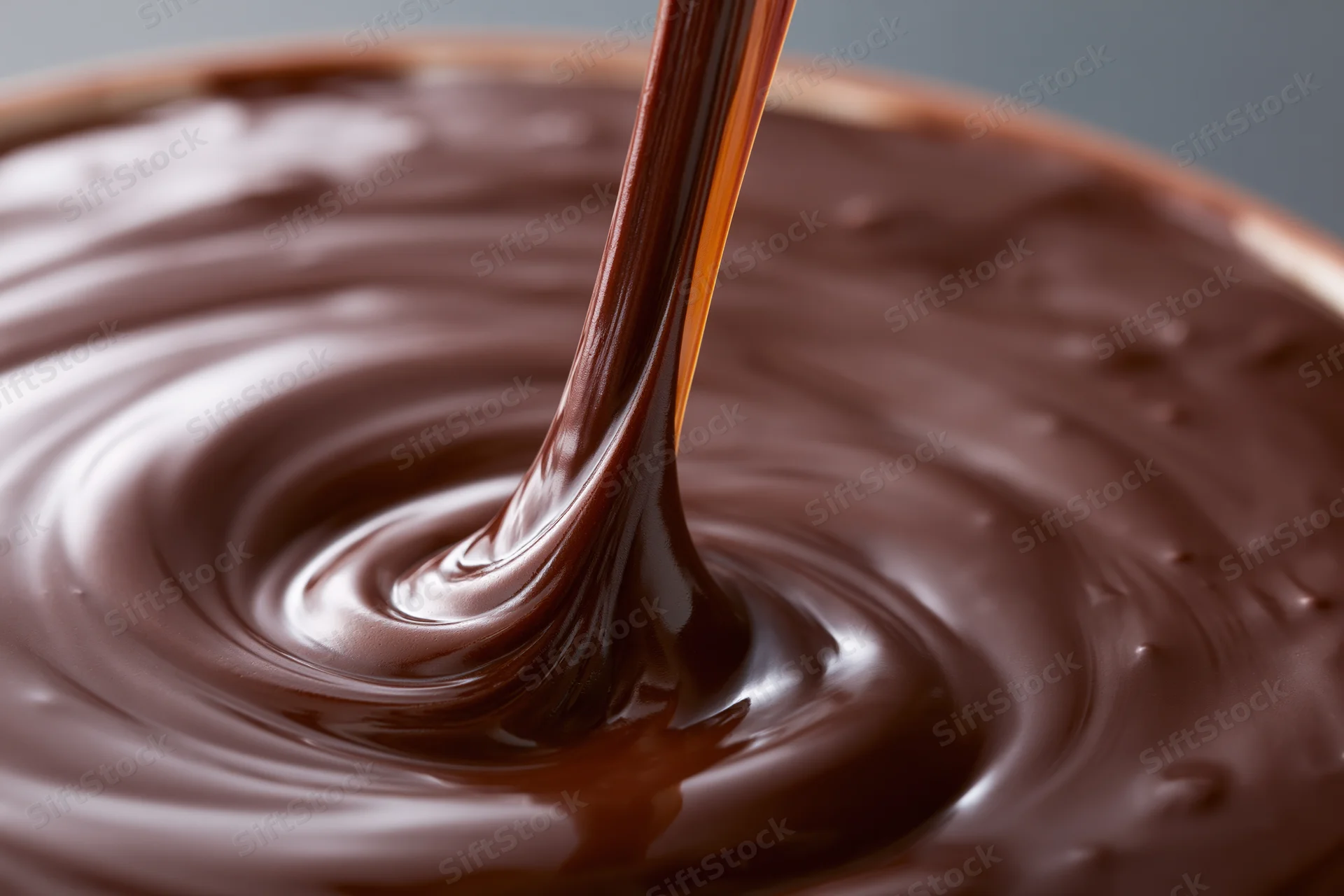 Thick stream of melted dark chocolate pouring into a bowl creating swirling ripples
