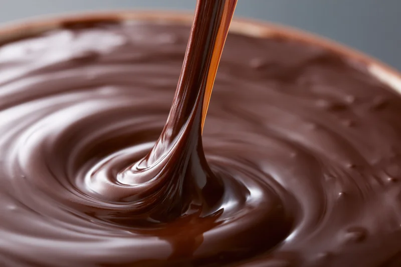 Thick stream of melted dark chocolate pouring into a bowl creating swirling ripples
