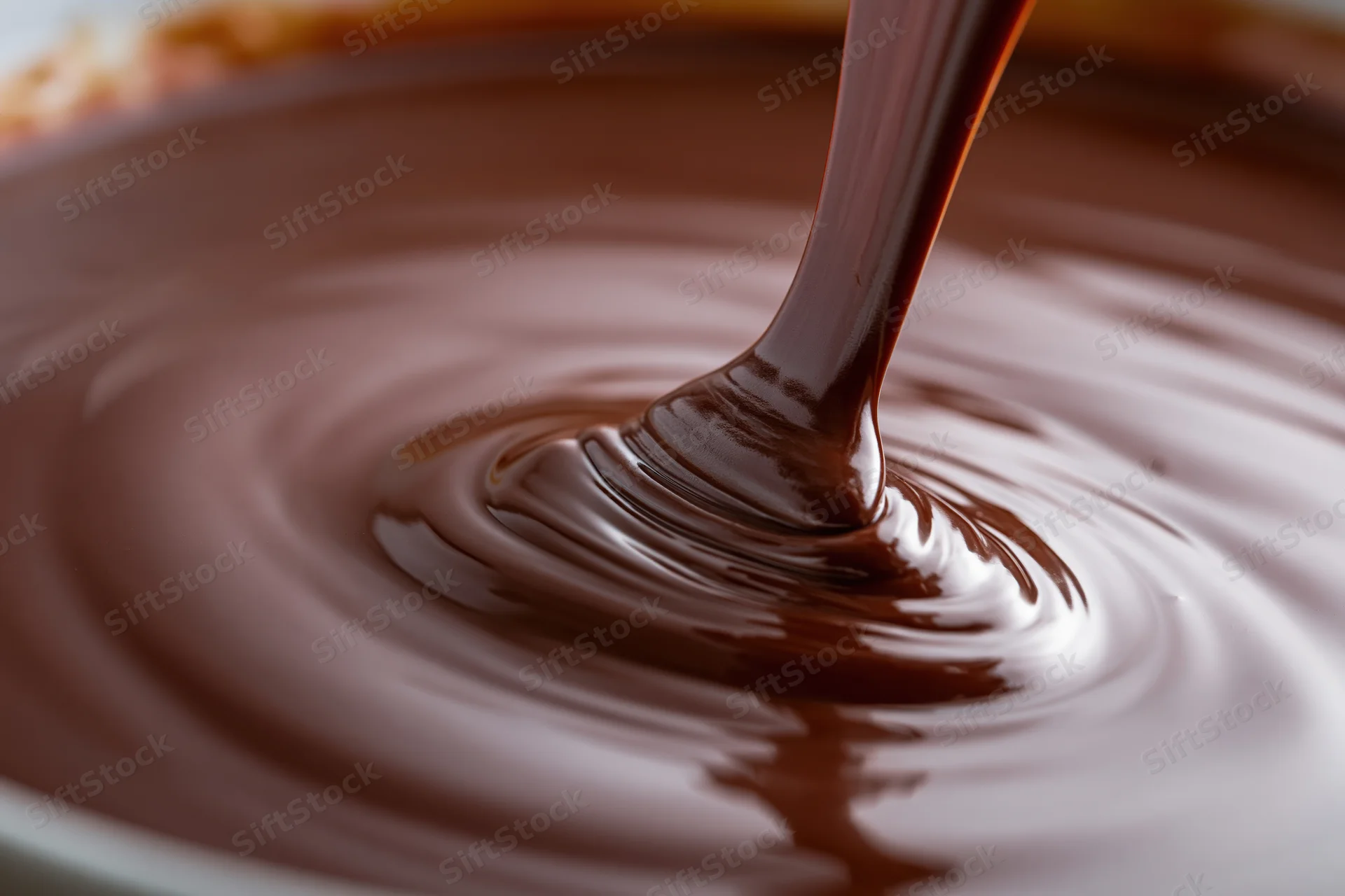 Thick stream of melted dark chocolate pouring into a bowl creating ripples and swirls