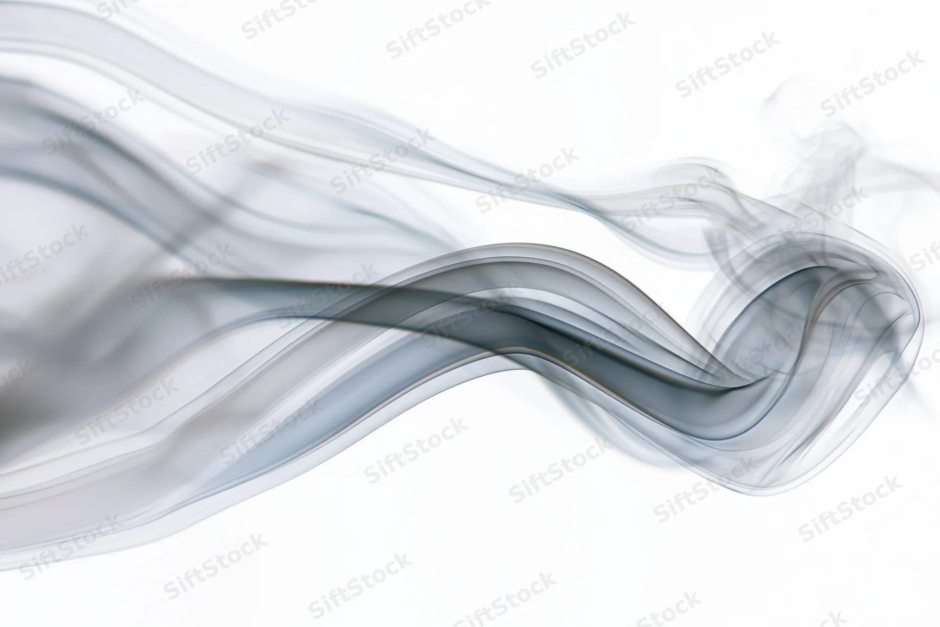 Gray smoke drifting in flowing curves across a white background