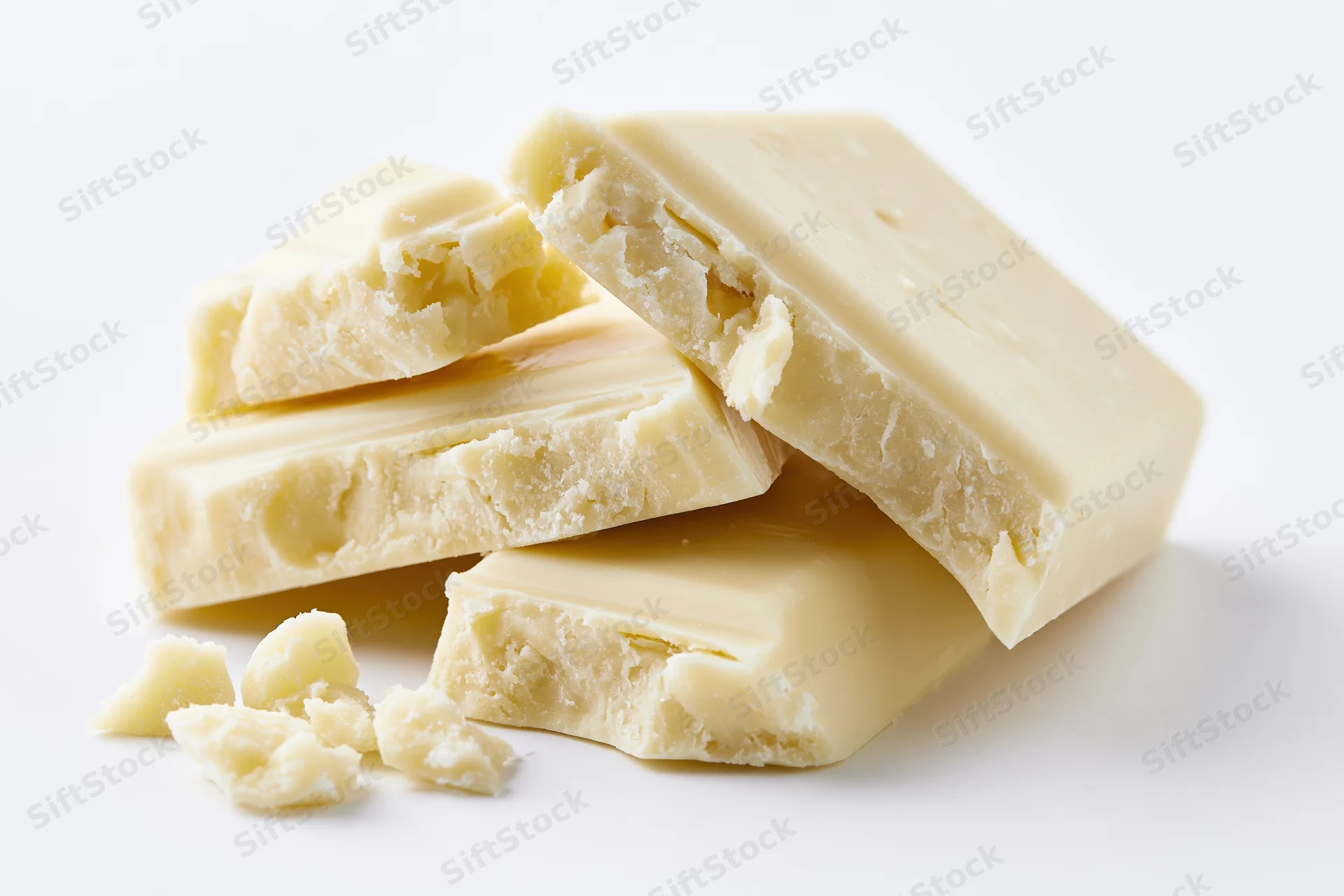 Broken white chocolate pieces stacked casually on a white surface