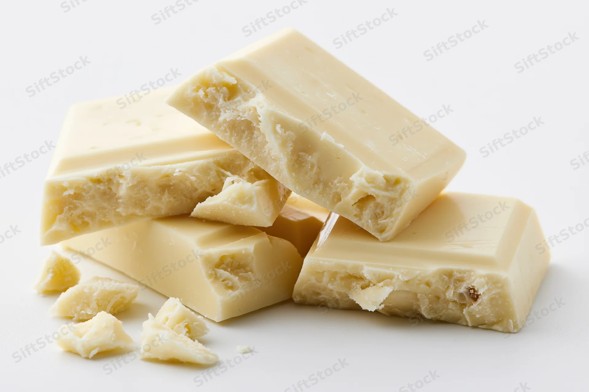 Broken white chocolate pieces stacked casually on a white surface