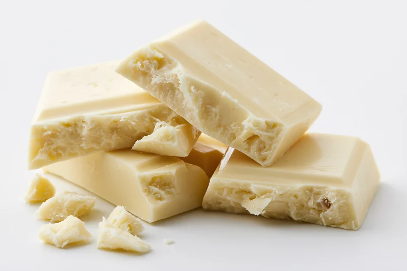 Broken white chocolate pieces stacked casually on a white surface