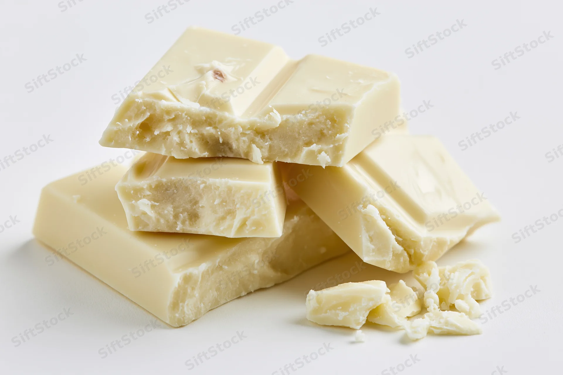 Broken white chocolate pieces stacked casually on a white surface
