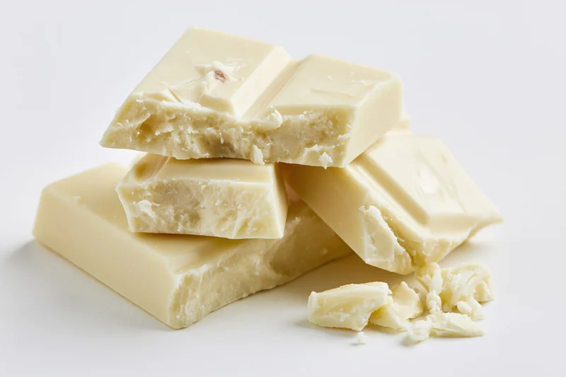 Broken white chocolate pieces stacked casually on a white surface