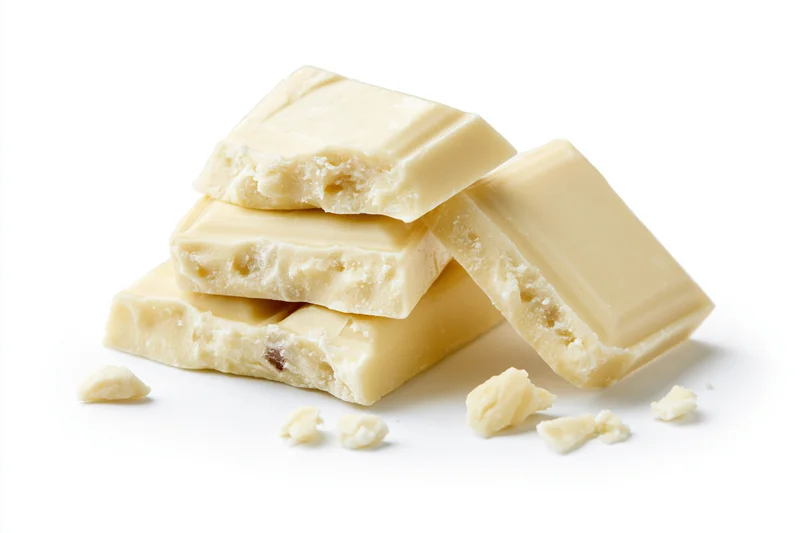 Broken white chocolate pieces stacked casually on white background
