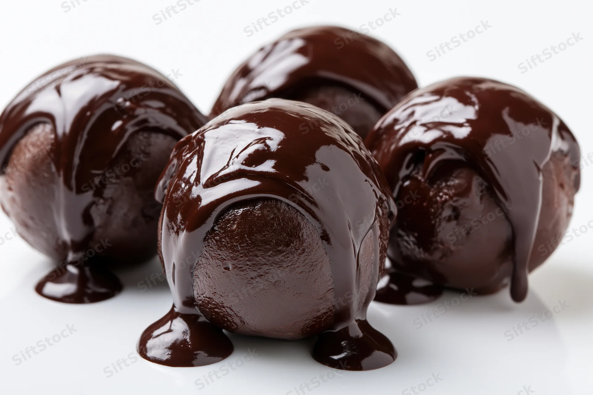 Chocolate truffles coated in glossy dark chocolate ganache on white surface