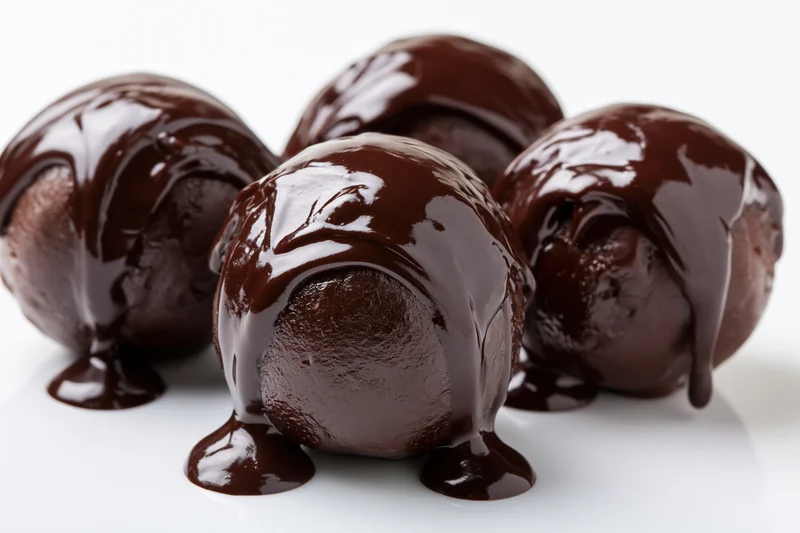 Chocolate truffles coated in glossy dark chocolate ganache on white surface