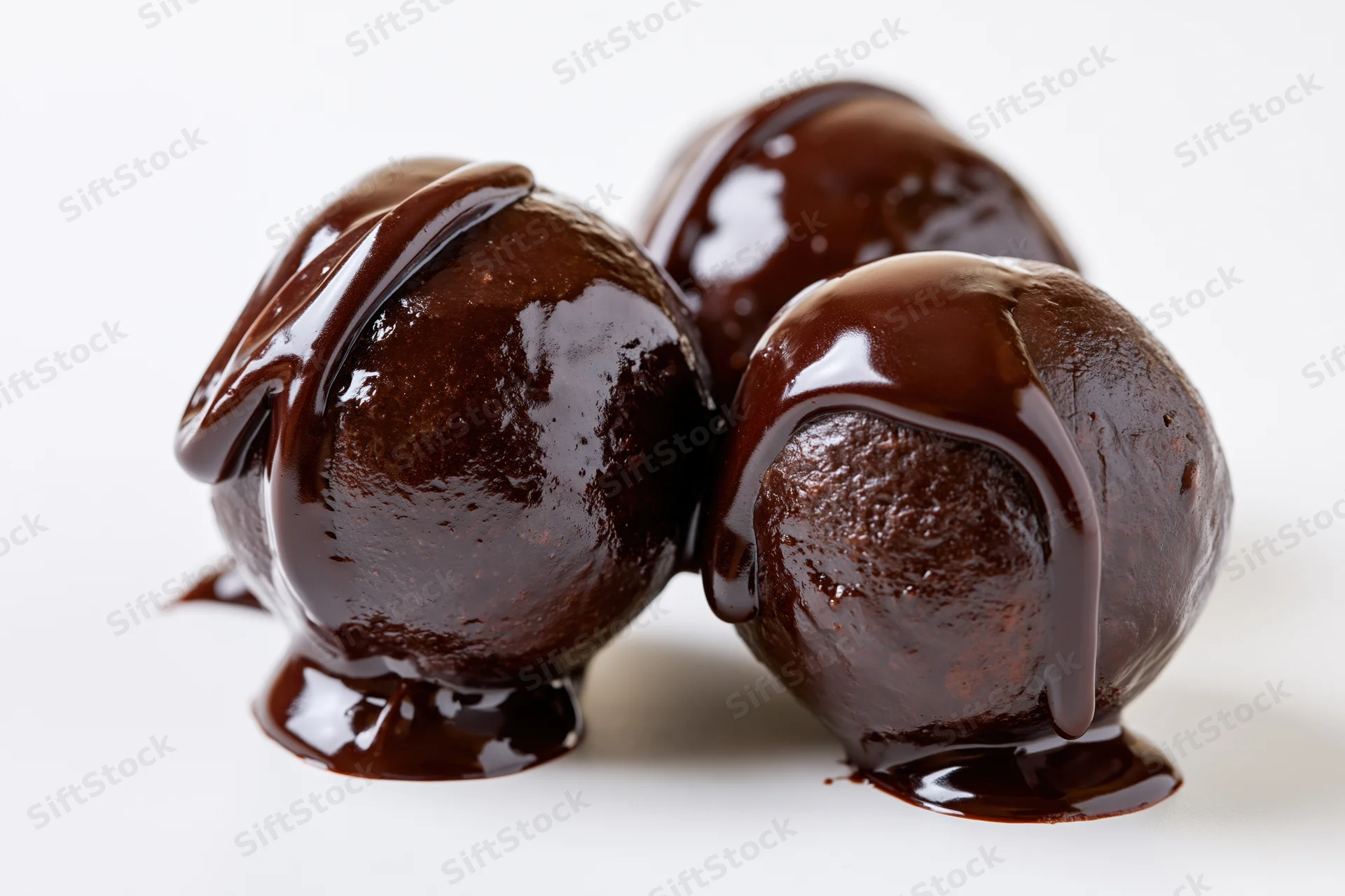 Three chocolate truffles coated in glossy dark chocolate ganache on white background