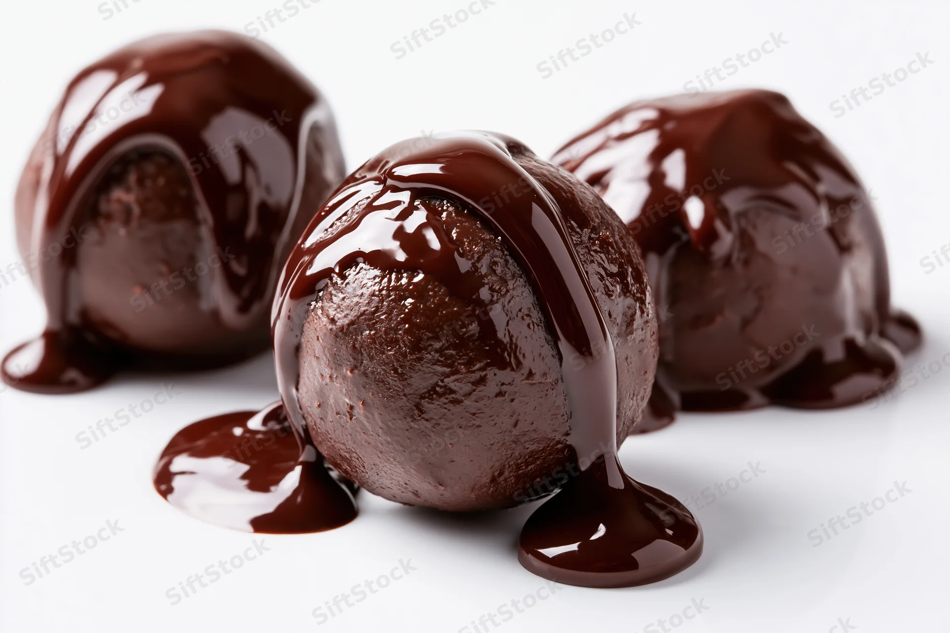 Three chocolate truffles coated in glossy dark chocolate ganache on white background