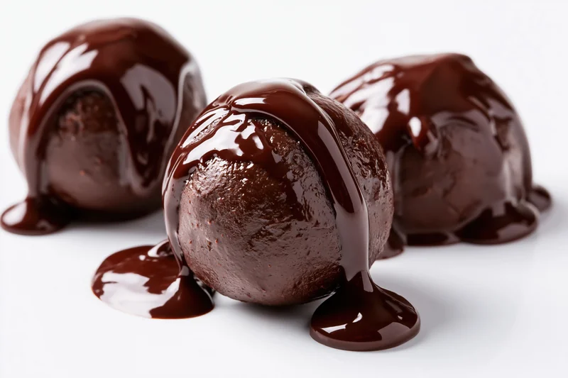 Three chocolate truffles coated in glossy dark chocolate ganache on white background