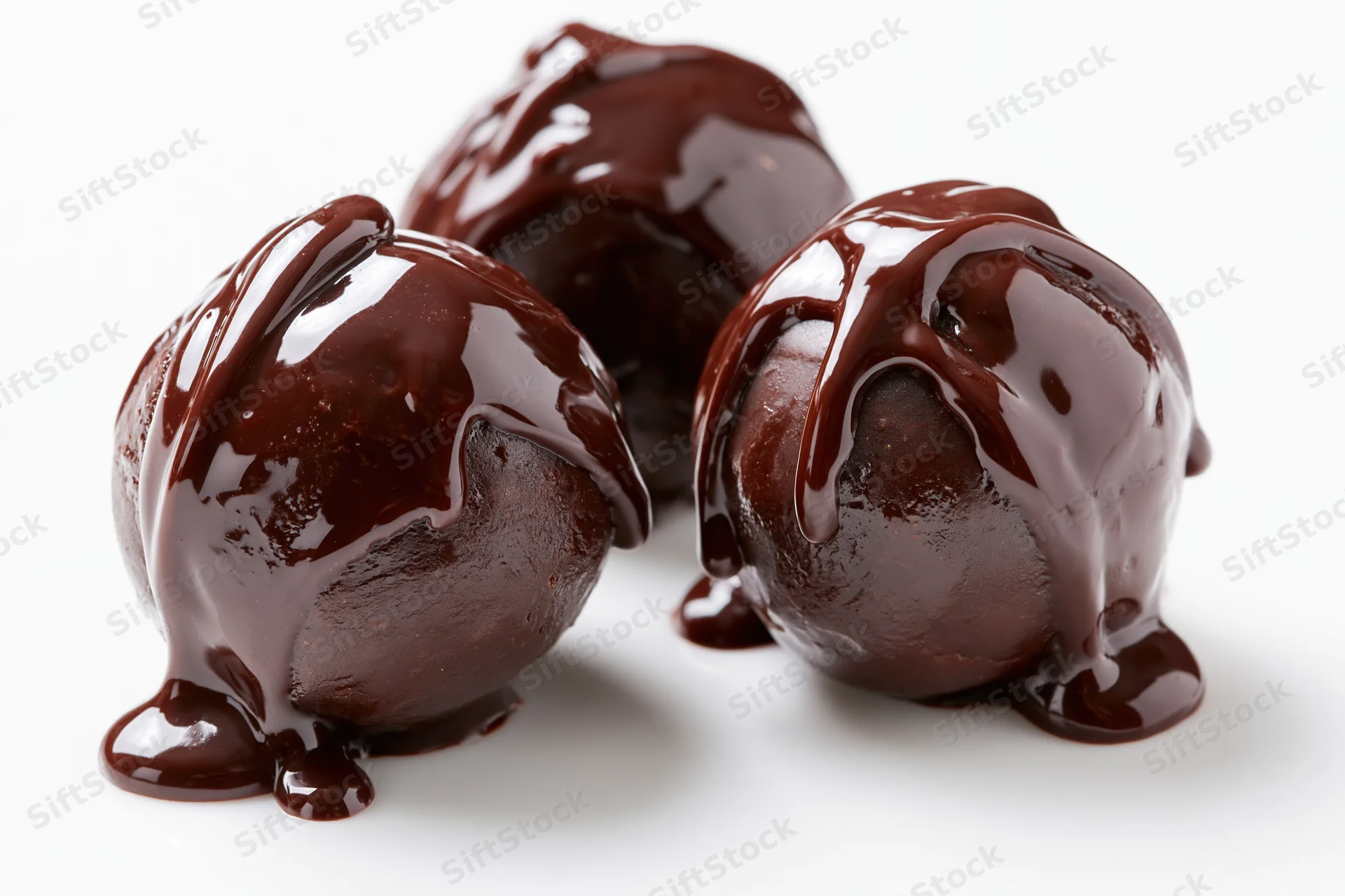 Three chocolate truffles coated in glossy dark chocolate ganache on white background