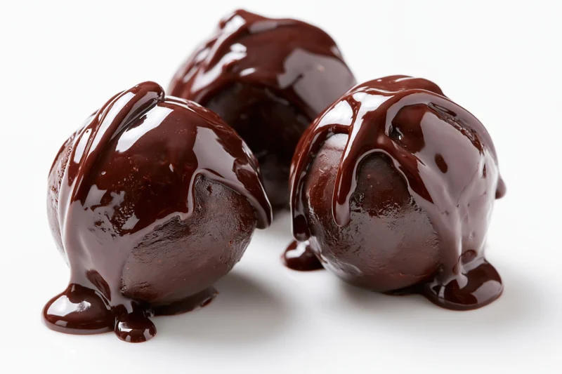 Three chocolate truffles coated in glossy dark chocolate ganache on white background