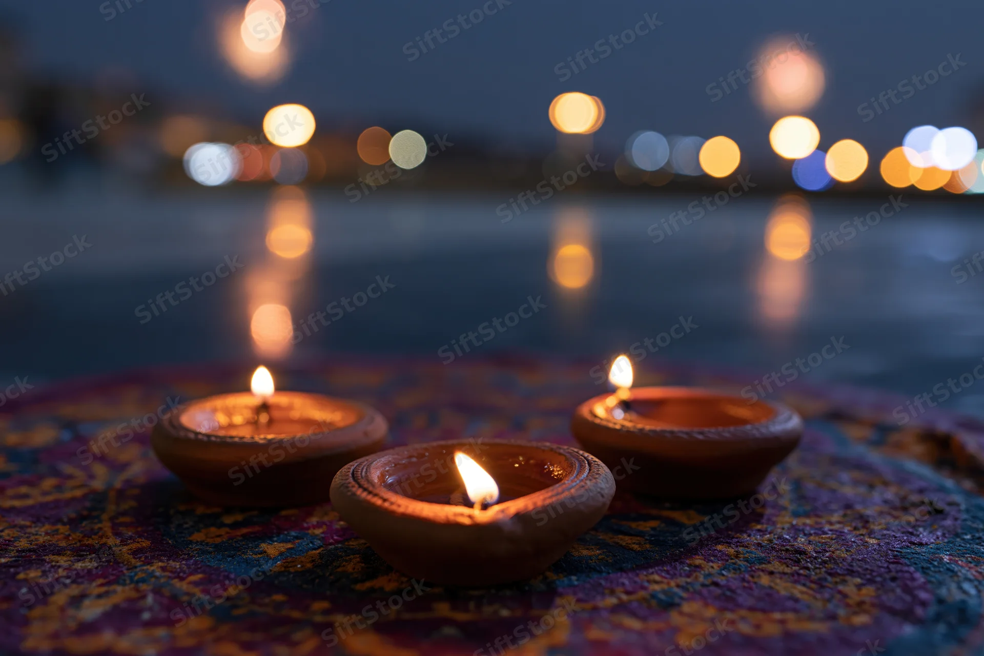 Three clay diya oil lamps burning with small flames on a patterned rug by a river at dusk