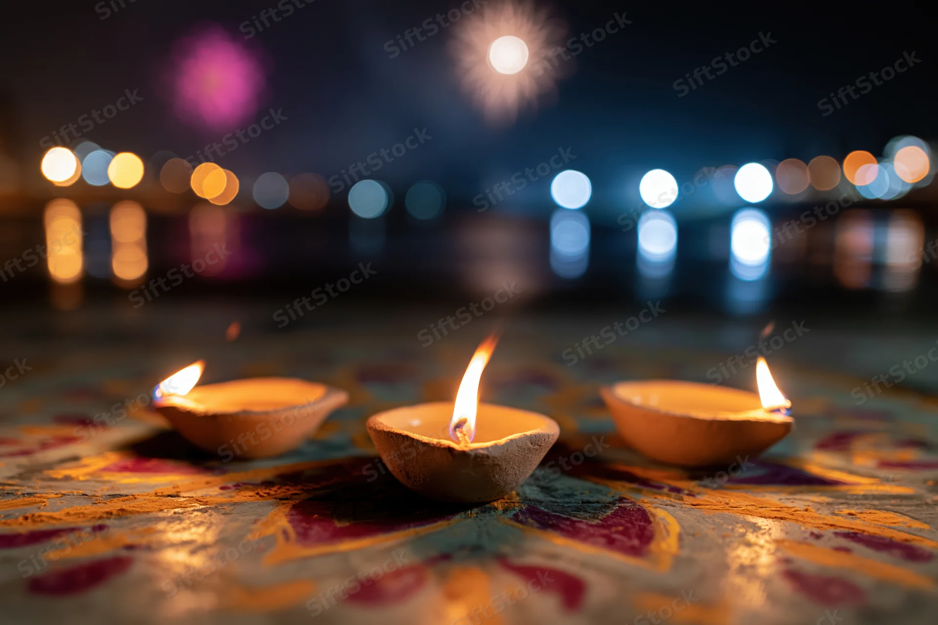 Three clay diya oil lamps burning with small flames on a colorful patterned surface at night near water with city lights and fireworks in the background