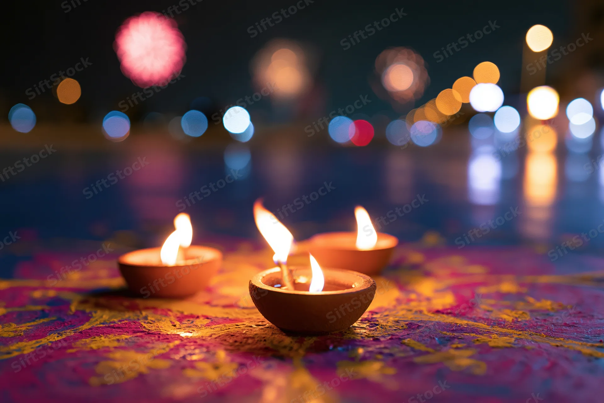 Clay diya oil lamps burning on a colorful rangoli pattern by a river at night with city lights and fireworks in the background