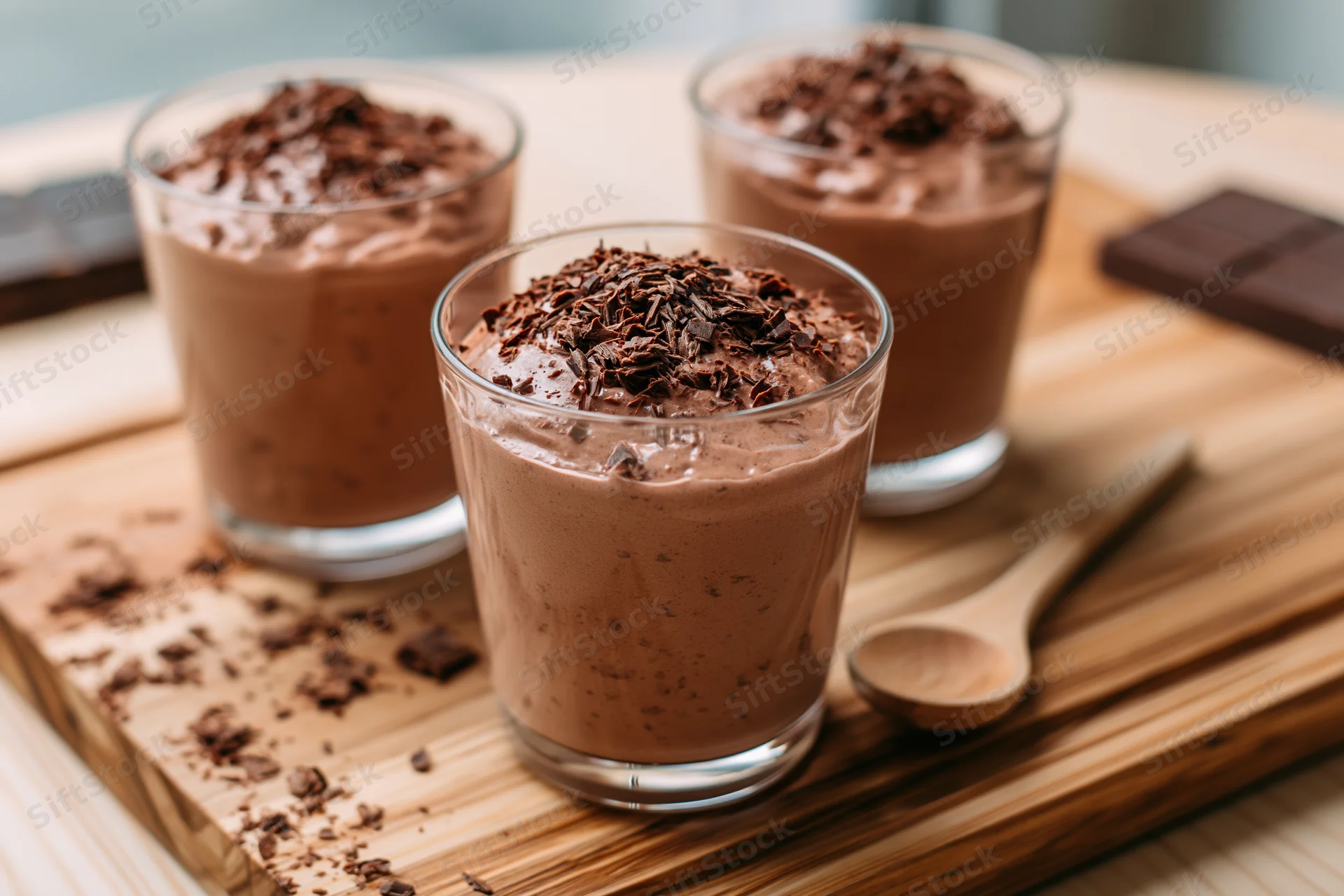 Three glasses of creamy chocolate mousse topped with chocolate shavings on a wooden cutting board with a spoon and chocolate bar beside them