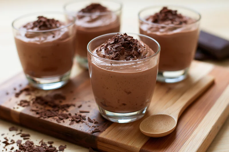 Chocolate mousse in clear glasses topped with chocolate shavings on a wooden cutting board with a bamboo spoon beside