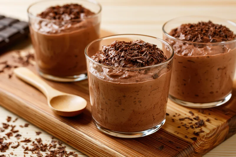 Three glasses of chocolate mousse topped with chocolate shavings on a wooden board with a spoon and chocolate bar nearby