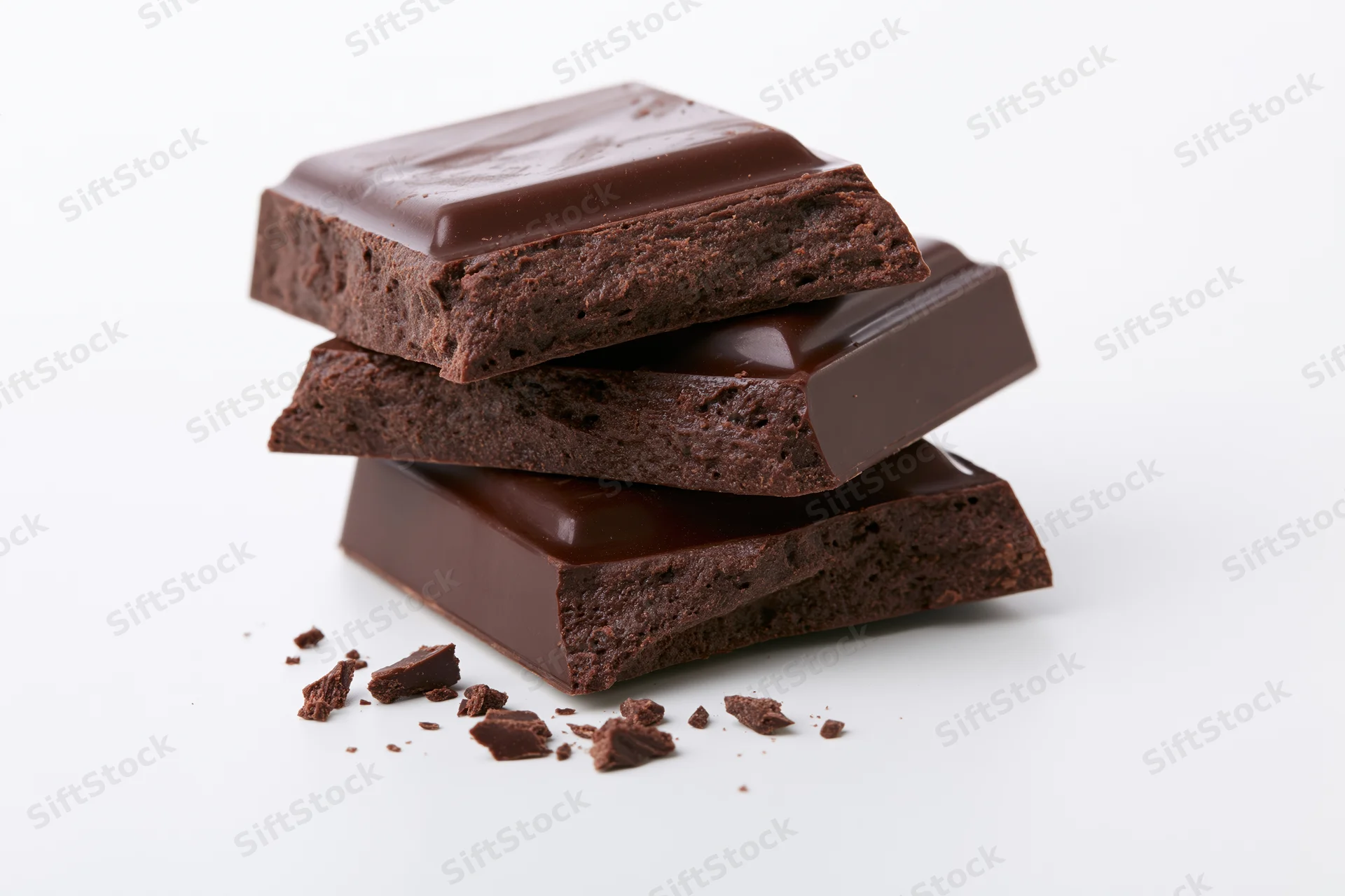 Three dark chocolate bar pieces stacked at a slight angle on a white background with crumbs scattered around