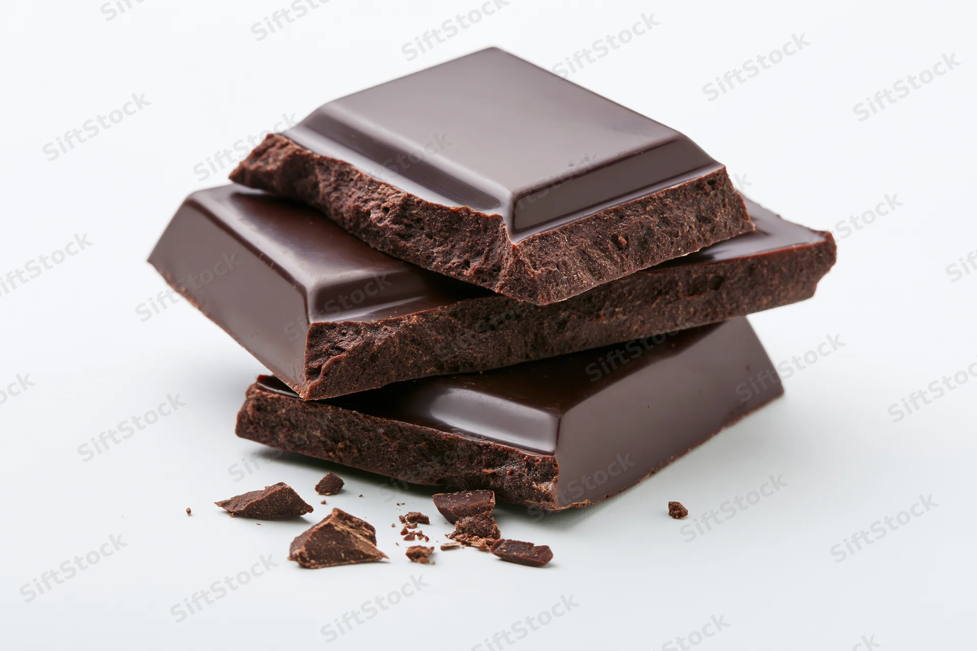 Three dark chocolate bar pieces stacked at slight angle with broken fragments on white background