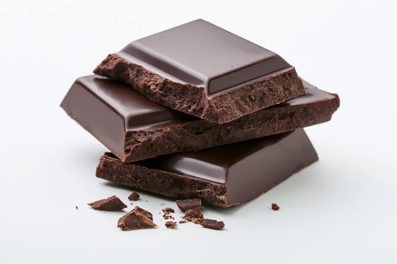 Three dark chocolate bar pieces stacked at slight angle with broken fragments on white background