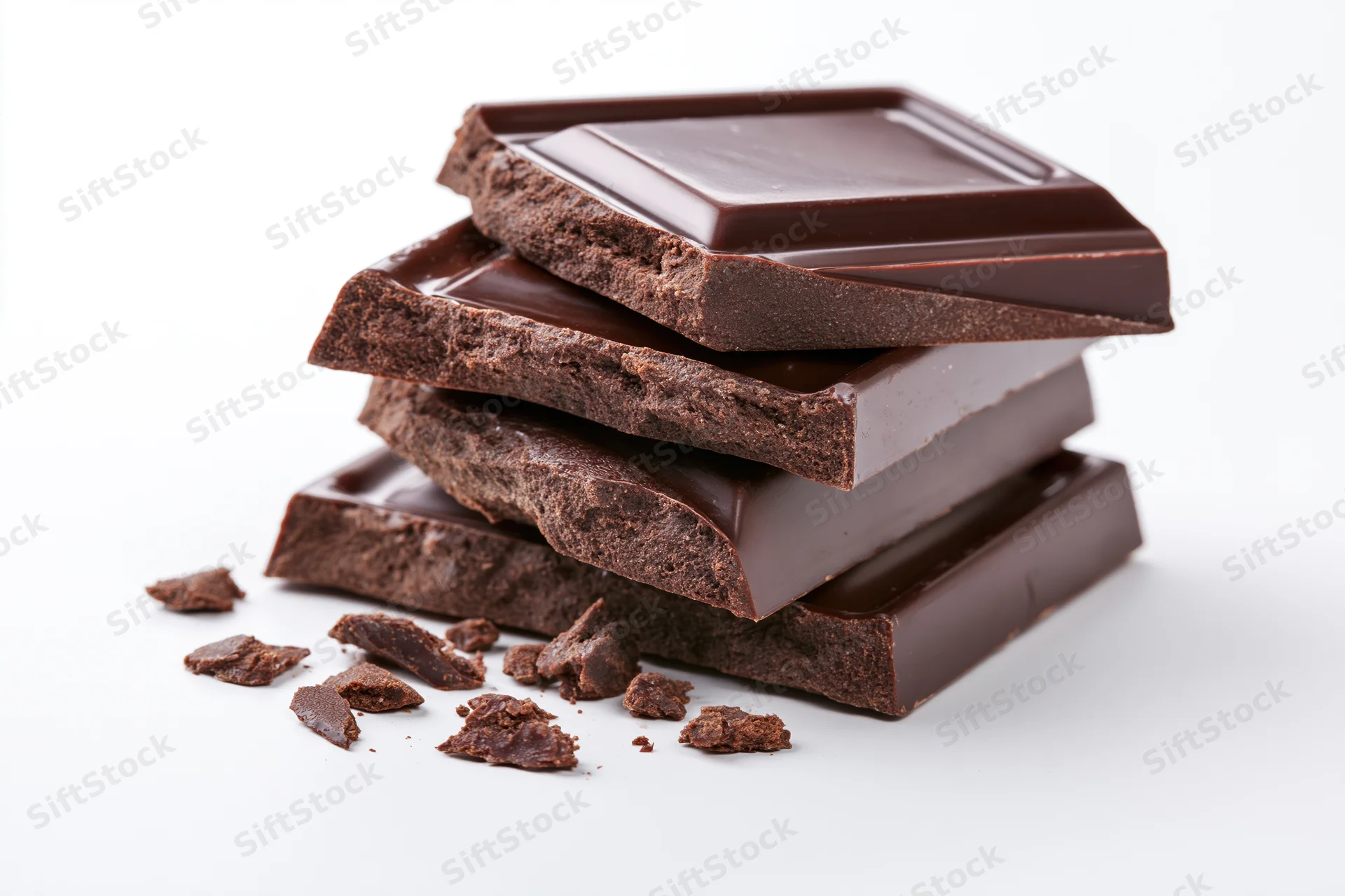 Stack of dark chocolate bars with broken pieces and crumbs on white background