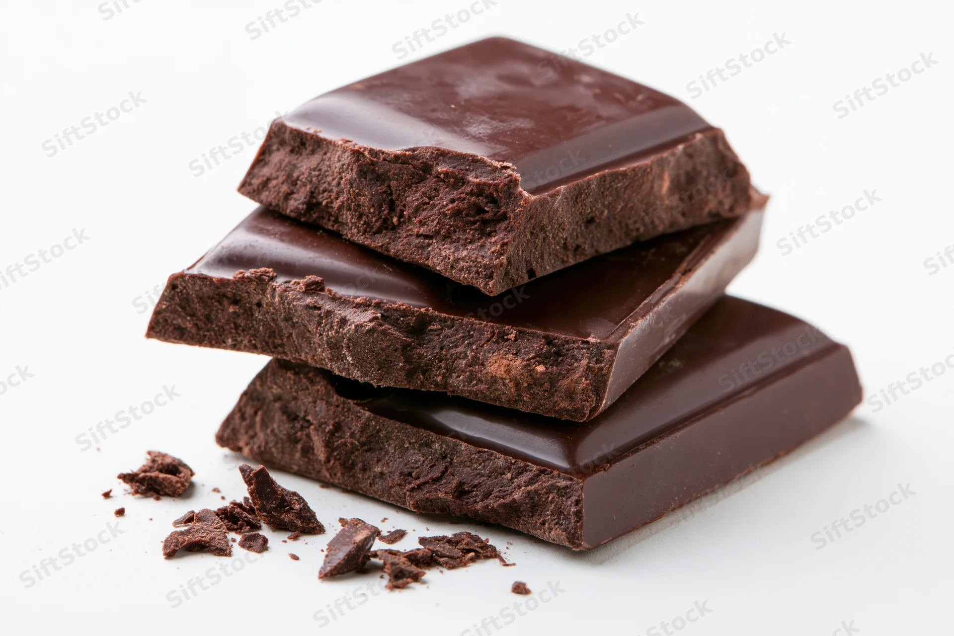 Three dark chocolate bar pieces stacked at slight angle with crumbs on white background