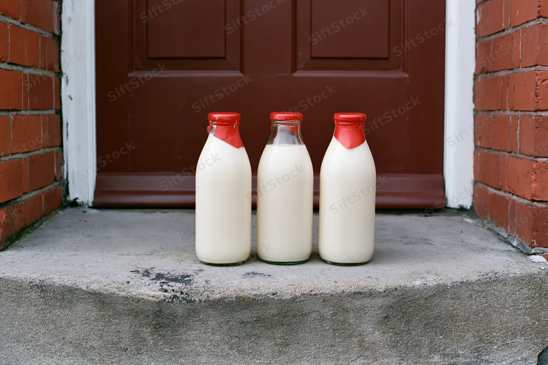 Three glass milk bottles with red foil caps on a concrete doorstep in front of a red door