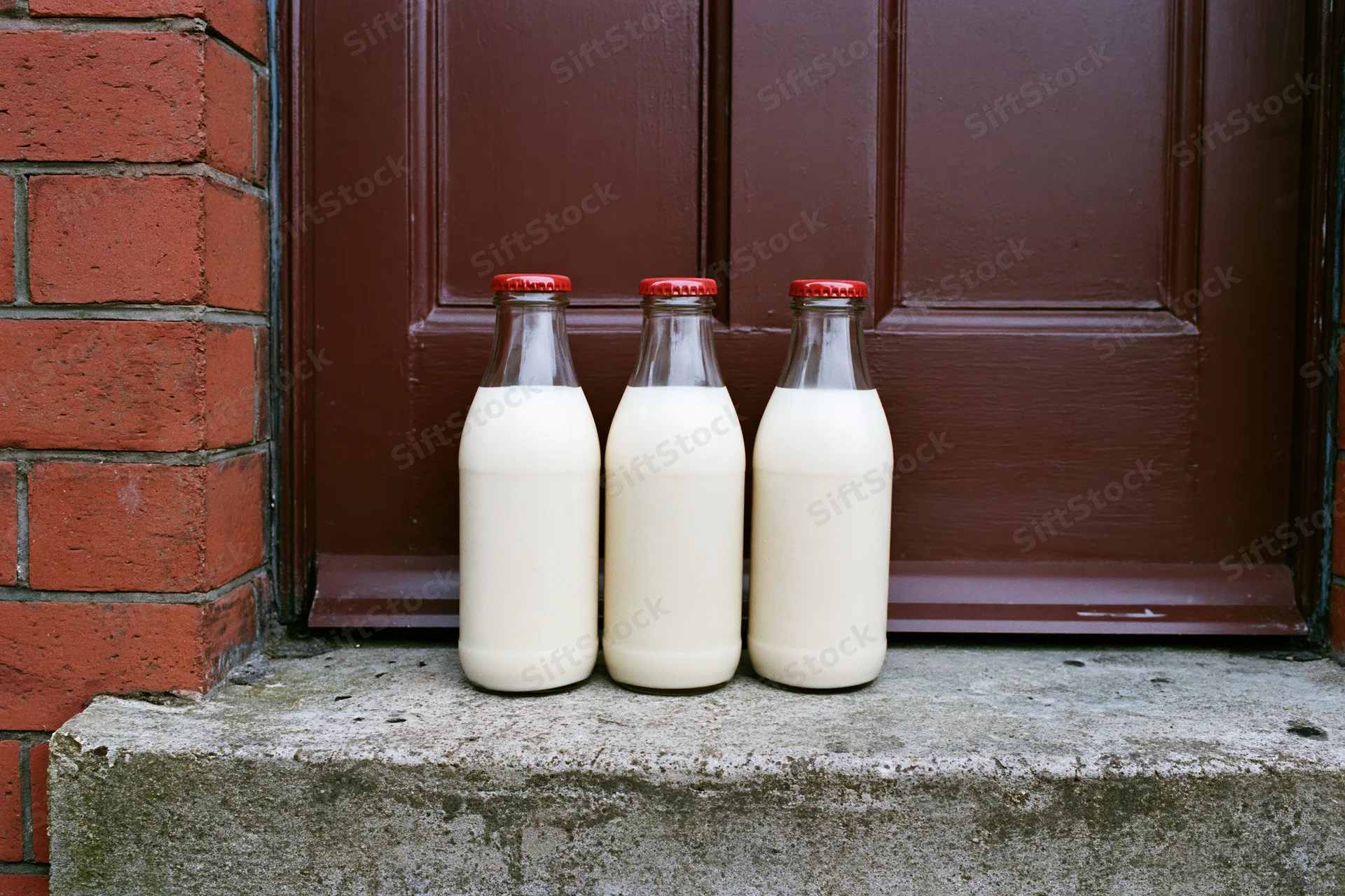 Three glass milk bottles with red foil caps on a concrete doorstep in front of a brown door and red brick wall