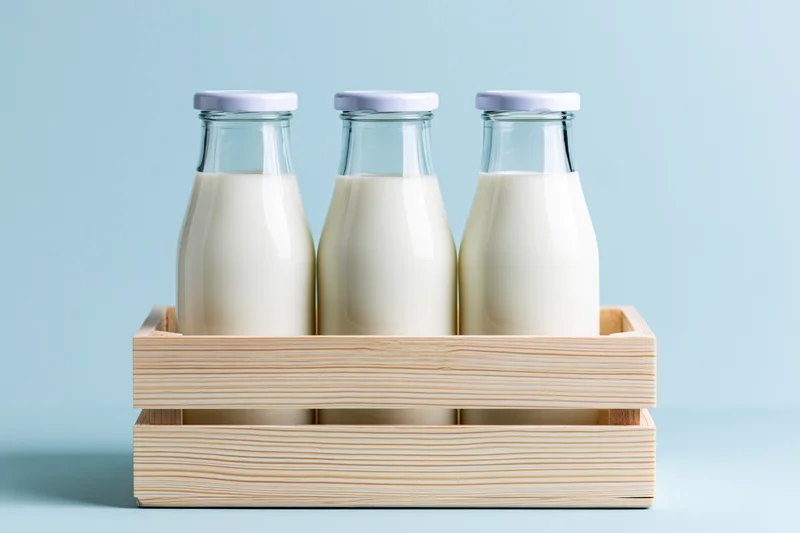 Three glass milk bottles with white caps arranged in a wooden crate on a light blue surface