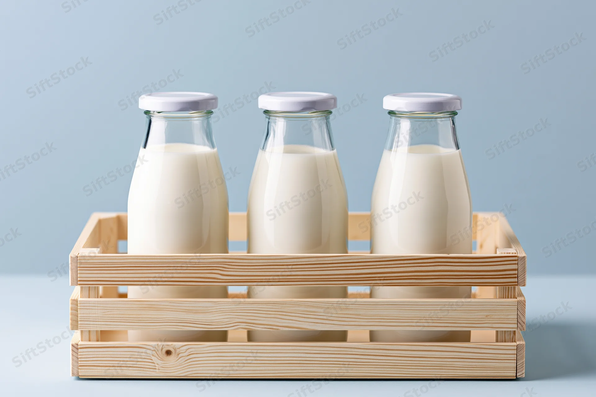 Three glass milk bottles with white caps arranged in a wooden crate on a light blue surface