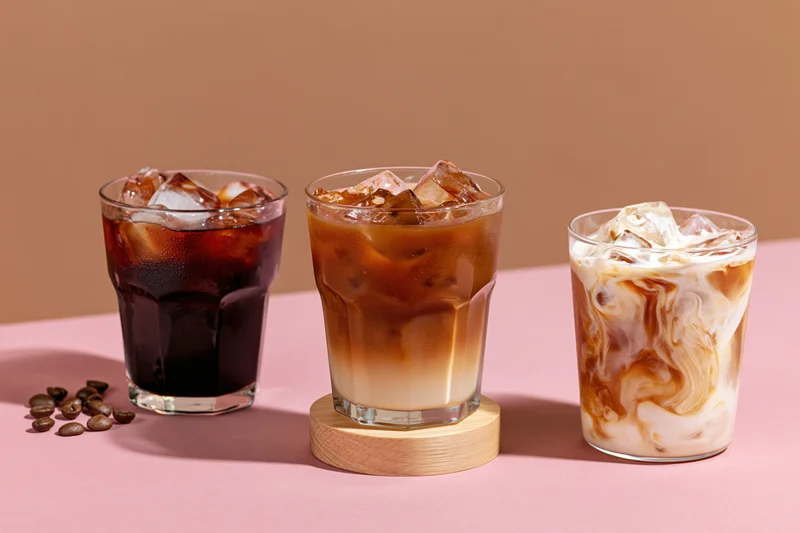 Three iced coffee drinks in glasses with ice arranged side by side on a pink surface