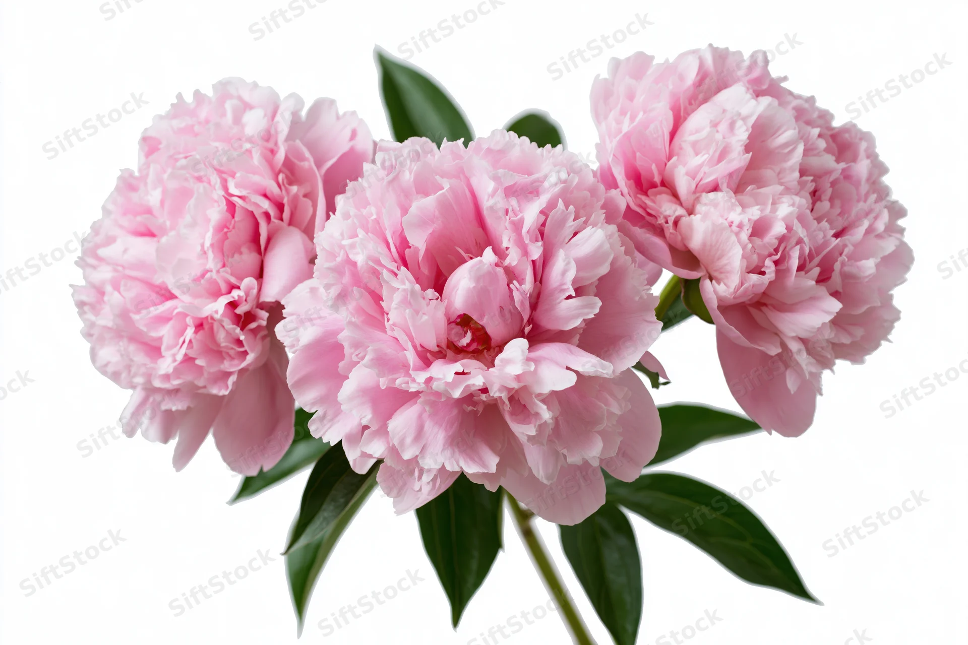 Three pink peony blooms on a single stem with green leaves against white background