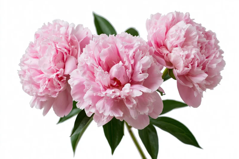 Three pink peony blooms on a single stem with green leaves against white background