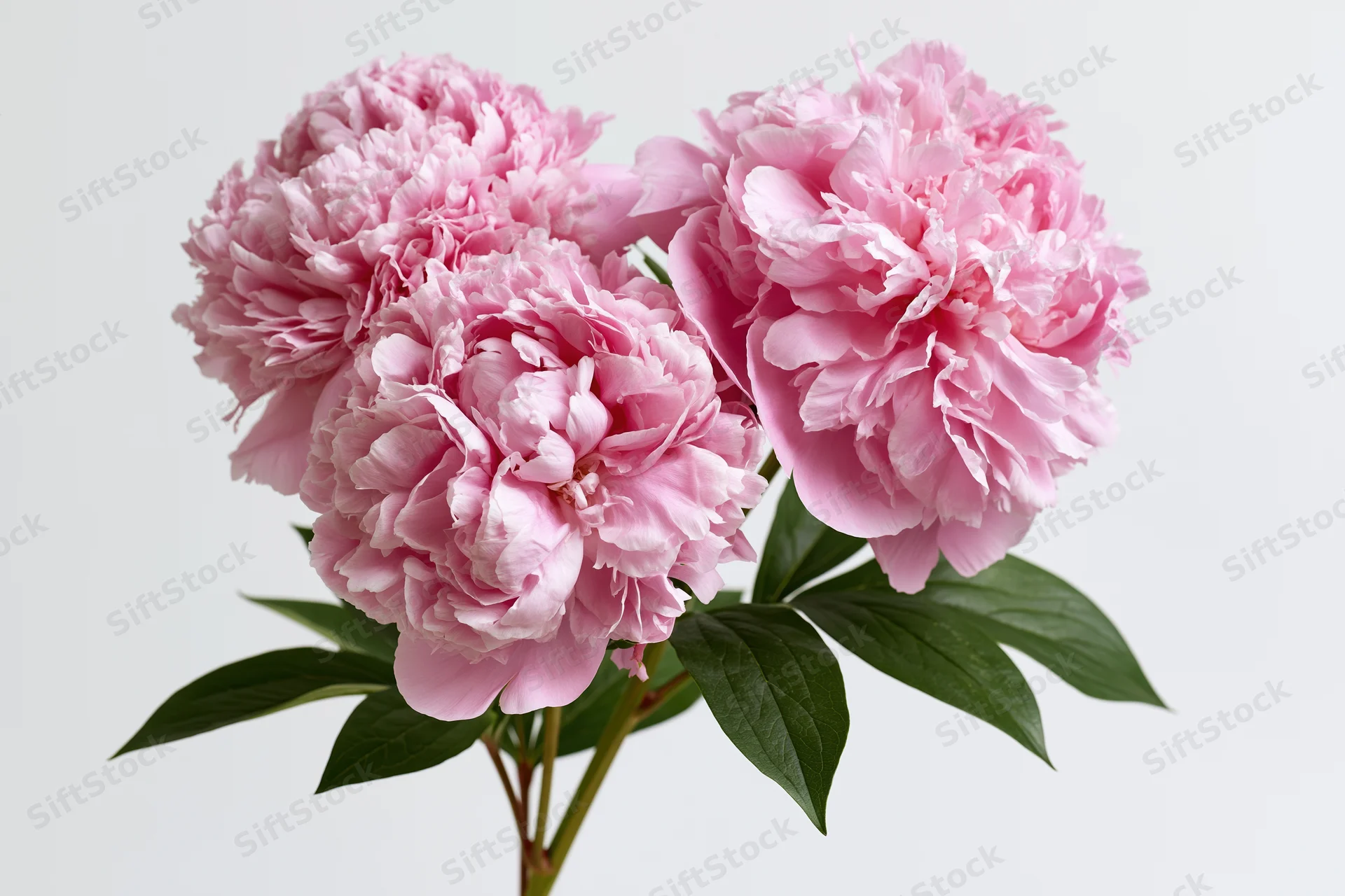 Three pink peony blooms on a single stem with green leaves against white background