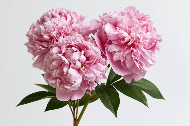 Three pink peony blooms on a single stem with dark green leaves